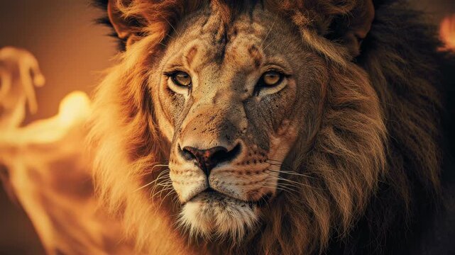 Majestic close up portrait of a lion with golden mane in warm natural light wildlife photography