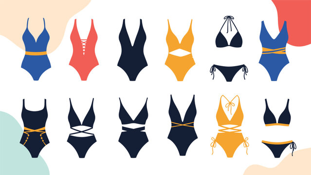 Collection of fashionable women's swimwear featuring diverse styles like one-piece and two-piece bikinis, perfect for summer holidays and beachwear.