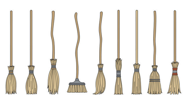 Various traditional wooden brooms with straw bristles and unique handle shapes displayed in a row against a plain white background for cleaning.