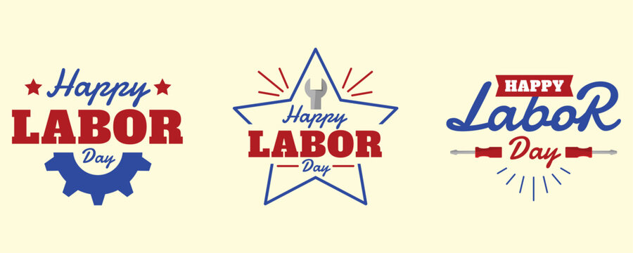 Three colorful labor day graphic designs with stars and tools