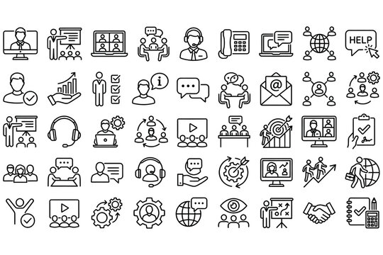 Collection of 30 modern flat design icons depicting business communication, collaboration, and productivity for corporate branding and marketing materials