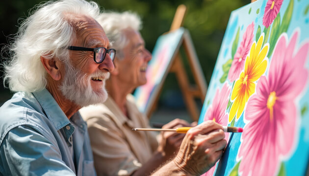 Elderly couple paints flowers outdoors. Man with white hair and glasses smiles as he holds a brush. Woman laughs behind him. They enjoy creative hobby together in nature, expressing joy.