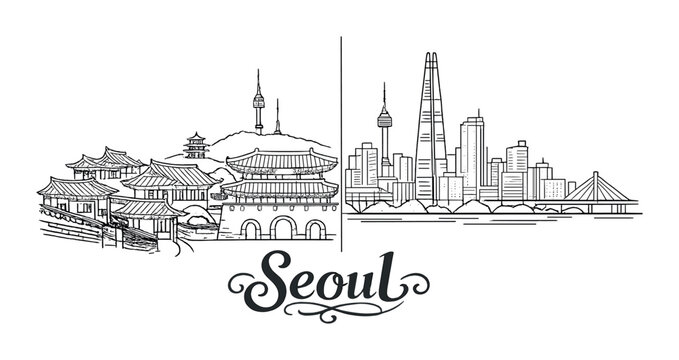 Seoul city skyline split design showing traditional palaces and modern towers for travel poster and background design