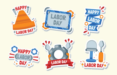 Obraz premium Colorful labor day stickers with construction and mechanic themed elements