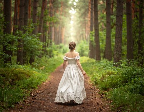 Elegant bride walking down a mystical forest path during her fairytale wedding
