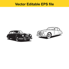 Fototapeta premium Vector art of two vintage cars, one black silhouette and one white line drawing