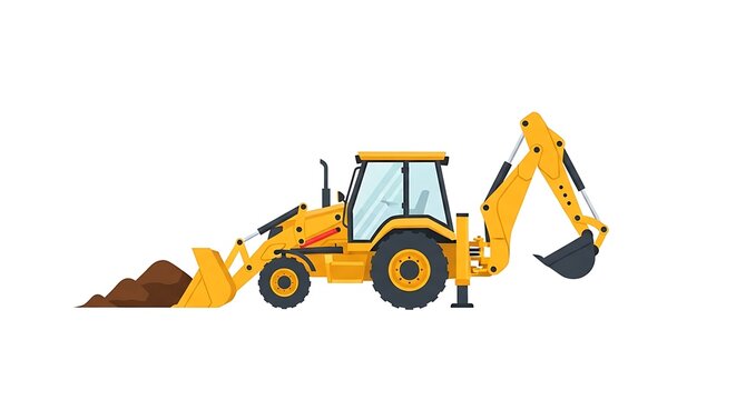 Yellow backhoe loader with front bucket and rear digging arm flat vector isolated on white