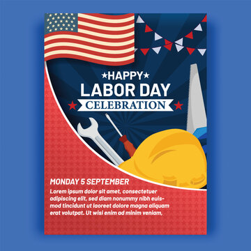 Happy labor day celebration poster with american flag and tools