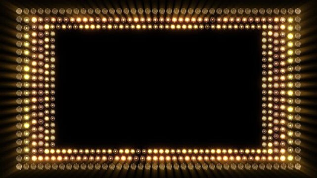 Vintage golden bulb lights forming rectangular frame on dark background theatrical stage atmosphere, show intros, award events, promotional banners, entertainment visuals cinematic presentation scenes