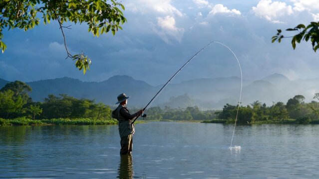 Fly angler casting on a misty mountain lake with long rod for outdoor banner background and scenic nature lifestyle