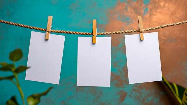 Blank hanging cards on rope with clothespins background