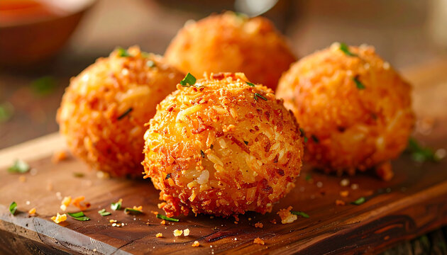 Sicilian arancini on wooden board, fried rice balls with crispy golden crust, delicious Italian dish, appetizing food.