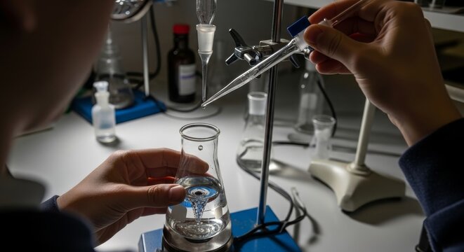 Student meticulously pours liquid from buret in laboratory setting