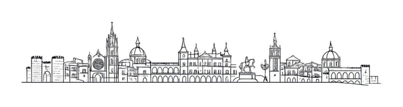 Historic european palace and cathedral skyline line drawing in monochrome for background, banner, poster and editorial design