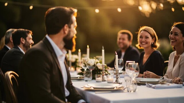 Elegant outdoor dinner party with friends enjoying evening celebration and festive table setting