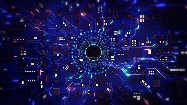 Futuristic Circuit Board AI Core Processor Technology Advanced central processor core electronic pathways. artificial intelligence, data processing, high speed computing futuristic digital environment