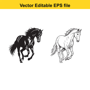 Vector art of two horses, one black silhouette and one white line drawing, running