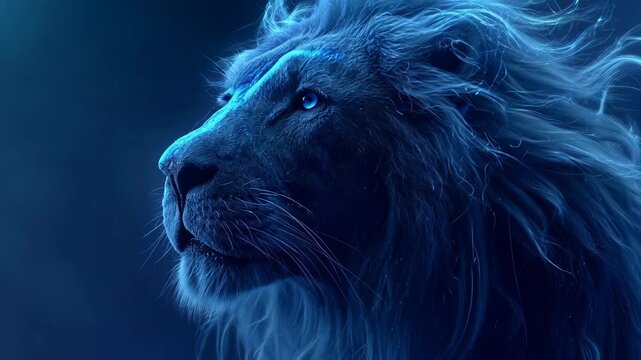 Majestic blue lion portrait with glowing mane against dark background.