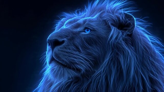 Majestic blue glowing lion portrait with intense gaze in dark background.
