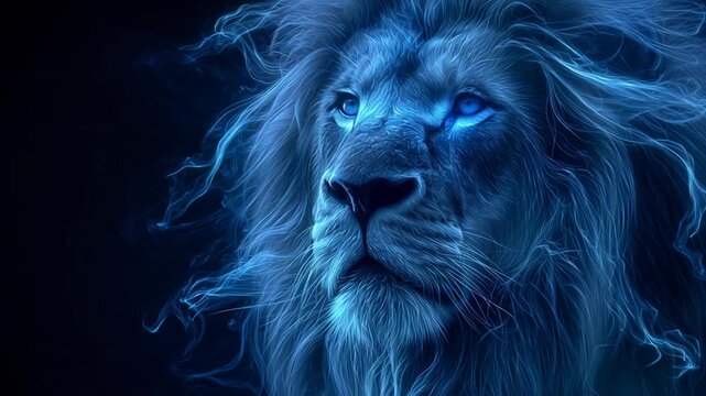 Majestic blue-toned portrait of a lion with glowing eyes in dark background.