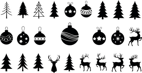 Black silhouette christmas trees baubles and reindeer on white background christmas tree silhouette © GR Graphics