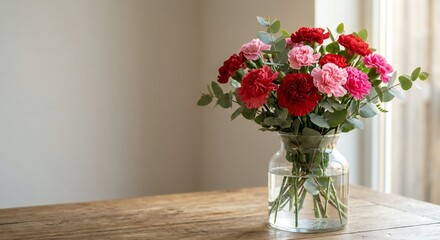 Obraz premium Beautiful bouquet of red and pink carnations with eucalyptus in glass vase on wooden table, soft natural light, Mother's Day