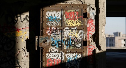 Fototapeta premium Graffiti Adorned Reinforced Metal Door in Urban Setting