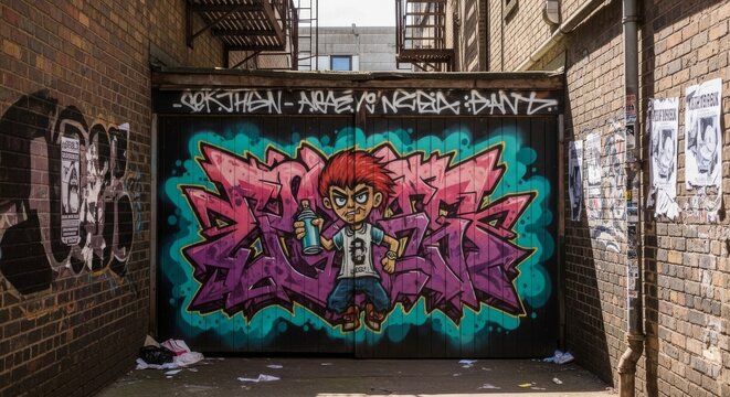 Graffiti art character with spray can on urban backdoor