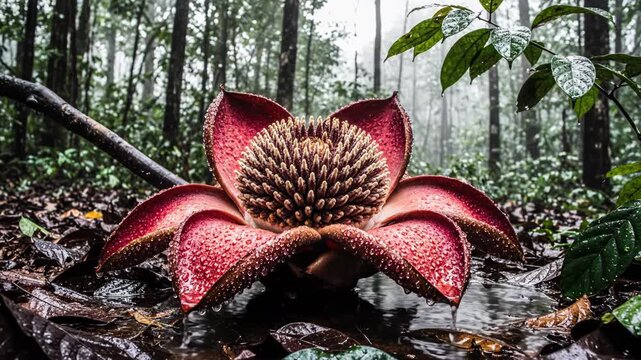 Close-up of a large blooming Rafflesia flower in a tropical rainforest environment.
