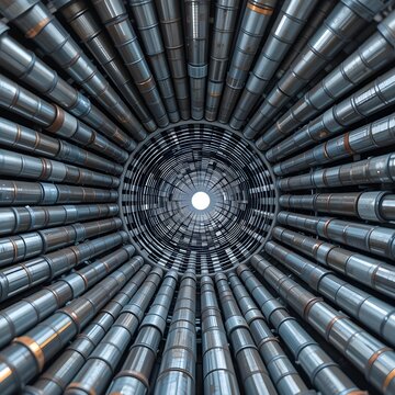 A POV shot looking into a stack of hundreds of industrial steel pipes, creating a dizzying, geometric circle pattern