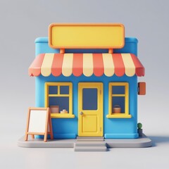 Obraz premium Colorful Cartoon-Style Toy Shop with Striped Awning and Blank Sign