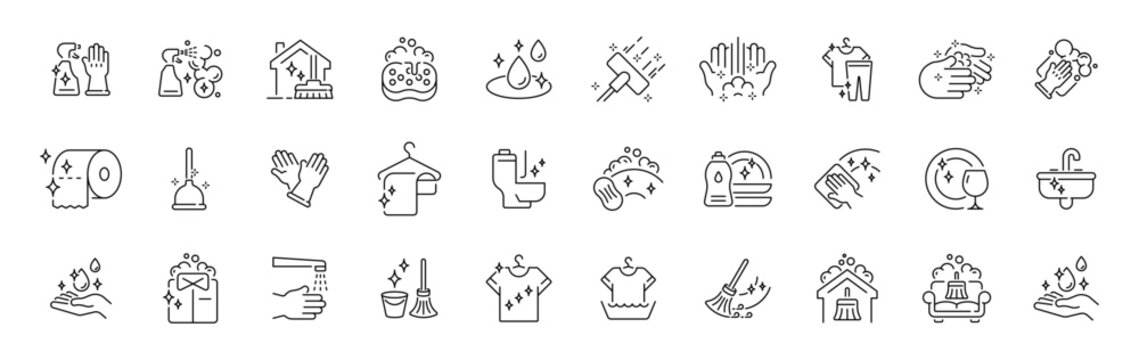 Cleaning and hygiene line icon set. editable stroke in modern thin line style for cleanliness and sanitation