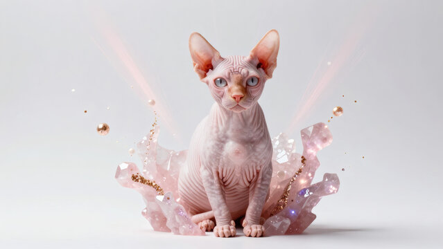 Chat sphynx centr&eacute;, assis au regard insistant, entour&eacute; de quartz rose en flat lay luxuriant. 
fond gris/blanc