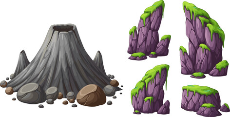 Cartoon Volcano and Rock Cliff Vector Set with Lava Mountain, Stone Formations, and Moss Covered Cliffs for Game Assets, Nature Scenes, and Fantasy Design © MdMojnu