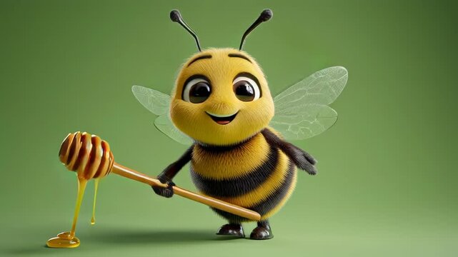 Cheerful animated bee character holding a honey dipper with dripping honey on green background.