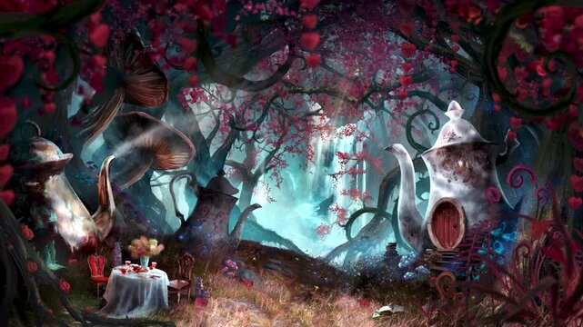 A fabulous staircase with huge ceramic teapots, a magical waterfall and tables with books and mugs on the lawn for tea drinking. Surrounded by giant mushrooms. clean looped 2d animated art 
