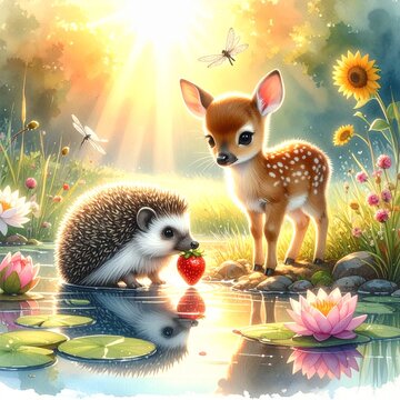 Sommer &ndash; Rehkitz & Igel am Teich