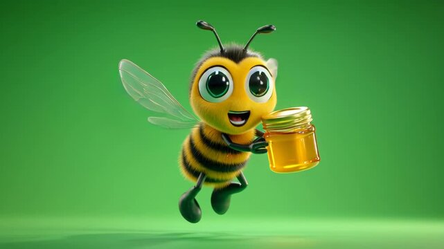 3D illustration of a cheerful cartoon bee holding a jar of honey on a green background.