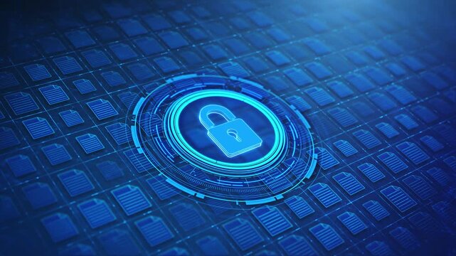 Human Hand click on Secure Data Encryption and Protected Document Database Concept. padlock icon extensive grid of digital icons, cybersecurity, data privacy laws, encrypted sensitive file protection.