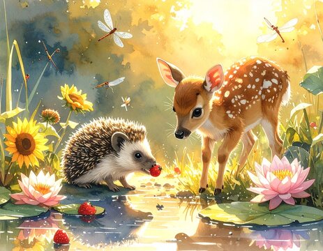 Sommer &ndash; Rehkitz & Igel am Teich