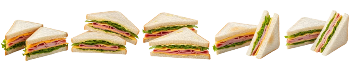 Fotobehang Snack Fresh Triangle Club Sandwiches with Ham Cheese and Lettuce Isolated on White Background - Gourmet Deli Slices on White Bread for Lunch, Catering, and Picnic Food Design  © Mr Bunk