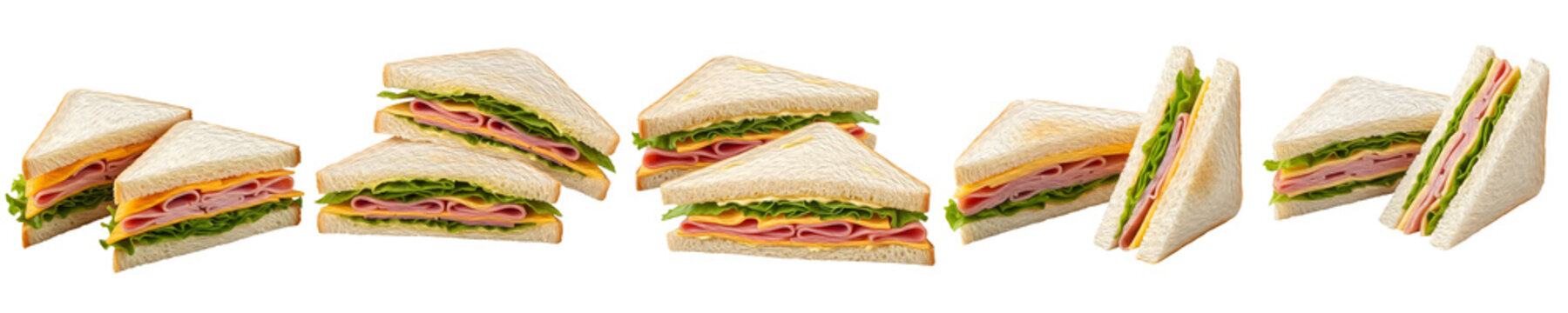Fresh Triangle Club Sandwiches with Ham Cheese and Lettuce Isolated on White Background - Gourmet Deli Slices on White Bread for Lunch, Catering, and Picnic Food Design