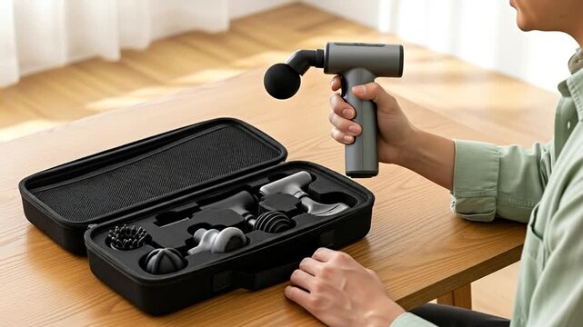 Therapeutic Massage Gun: A person demonstrates a handheld massage gun with various attachments and a carrying case, showcasing the device's design and functionality.