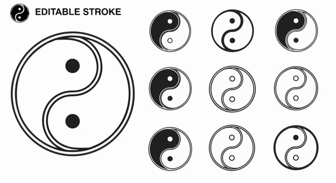 Collection of Yin Yang symbols in various styles and fill options