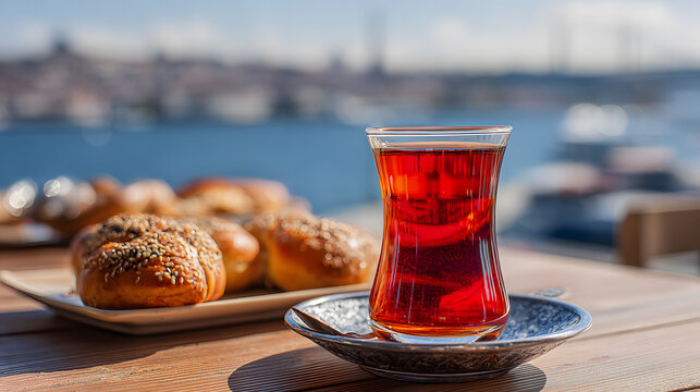 turkish tea glass with simit pastry