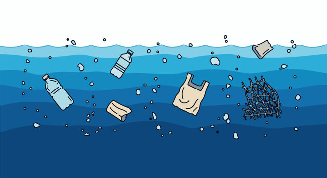 Plastic debris floats in stylized ocean waves with bubbles
