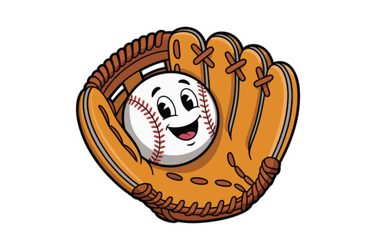 A cheerful cartoon baseball nestled perfectly within a brown leather glove displaying a smiling face on transparent background high-quality professional.