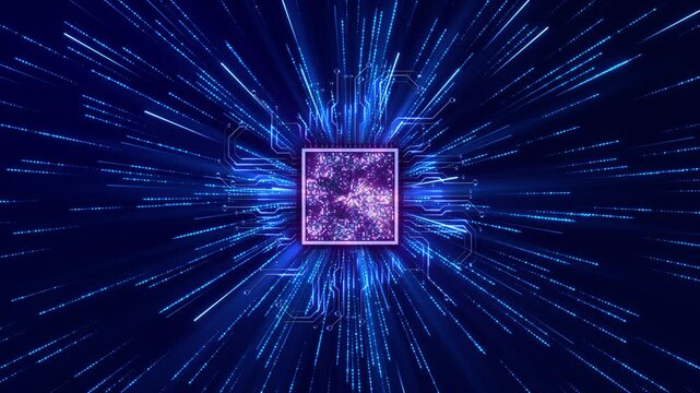 Artificial Intelligence Processor Chip Data Burst Technology Glowing AI energy burst data streams computing power, machine learning, semiconductor technology, processing futuristic digital environment