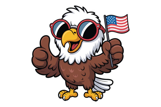 A cheerful cartoon bald eagle wearing sunglasses and holding a united states flag giving a thumbs up on transparent background.