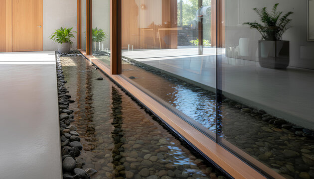 Zen Biophilic Interior with Glass Wall and Indoor Stone Water Pond